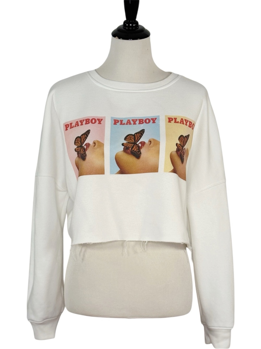 Missguided Playboy Graphic Cropped Sweatshirt Size 12 White Raw Hem